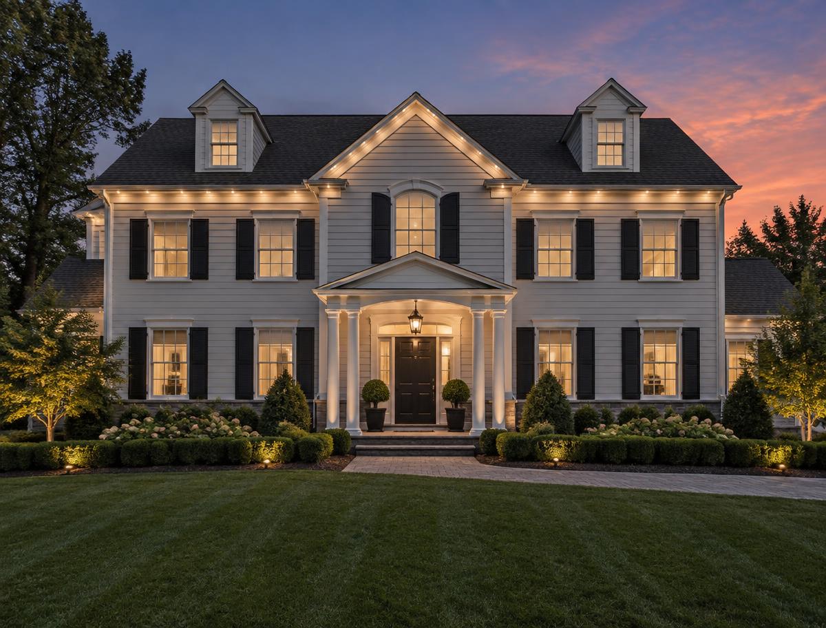Same home with warm permanent eave lighting