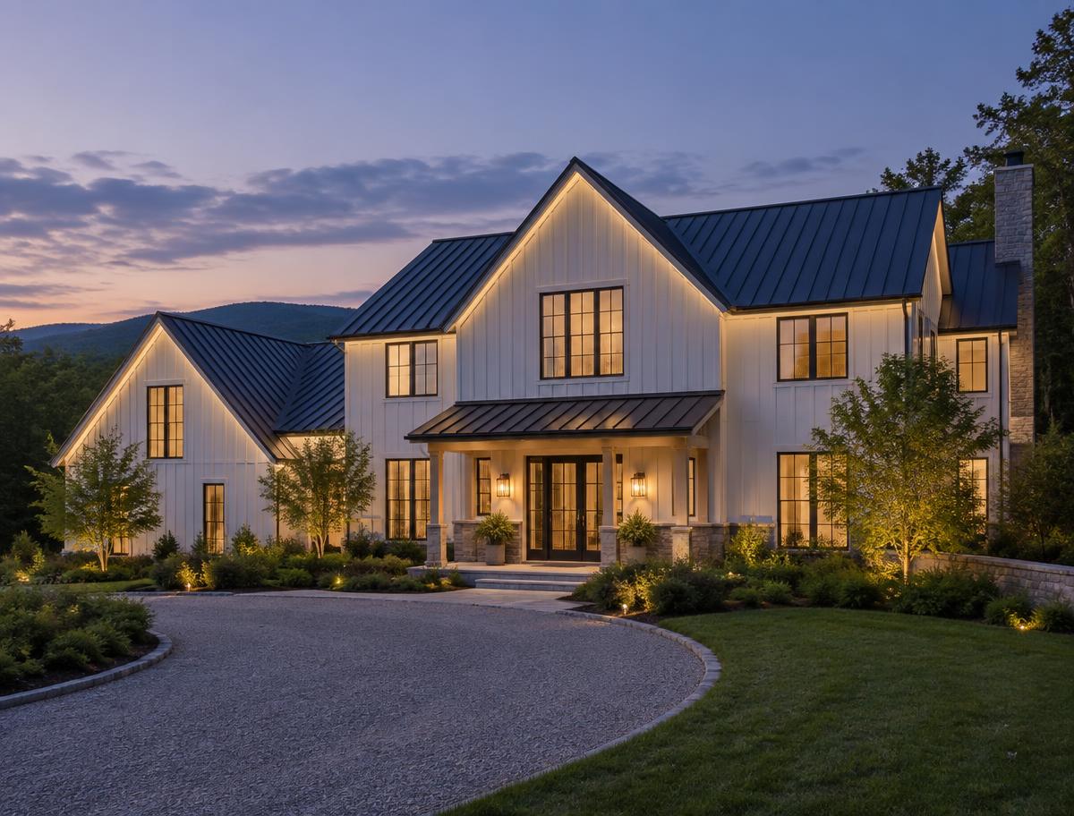 Modern farmhouse with subtle eave illumination