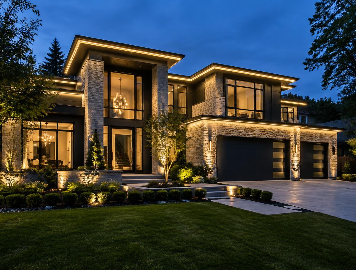 Contemporary stone residence with elegant eave lighting