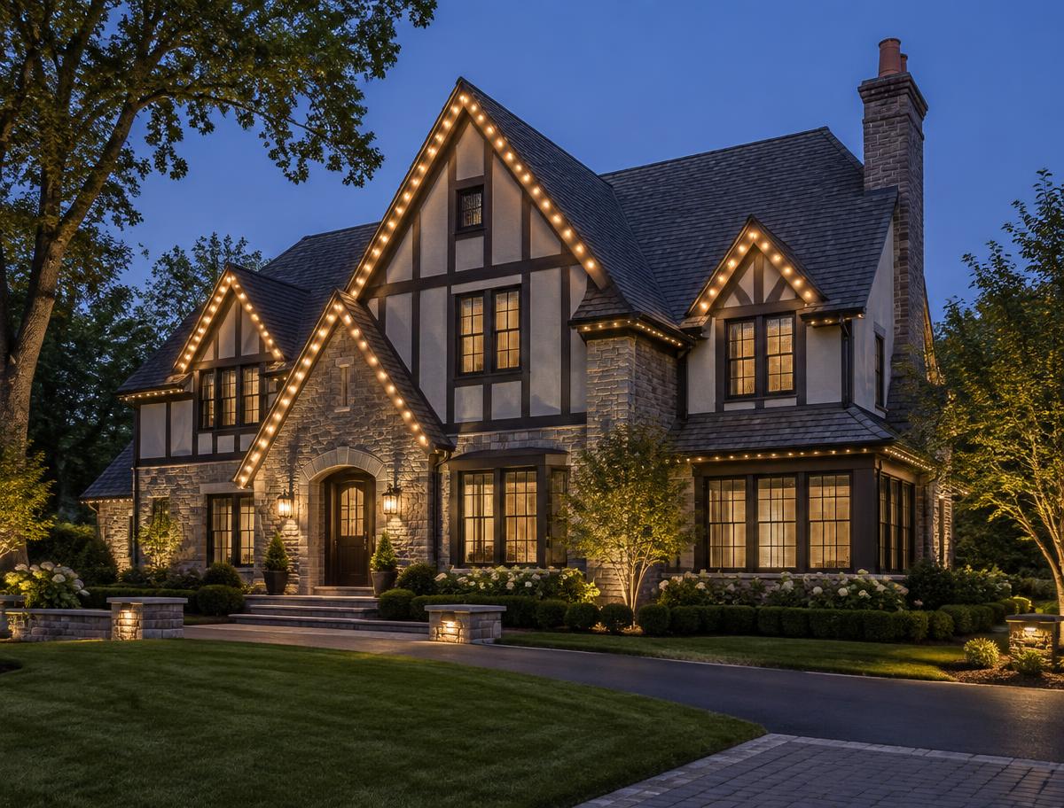 Tudor home with warm architectural roofline lighting